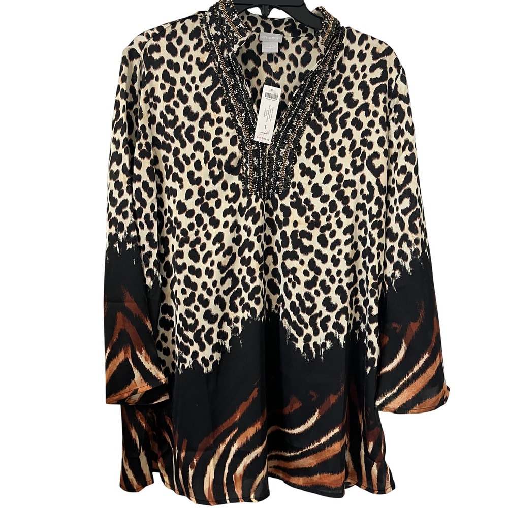 Chico's Embellished Mixed Animal Print Tunic Beaded Neckline Size 1 NWT